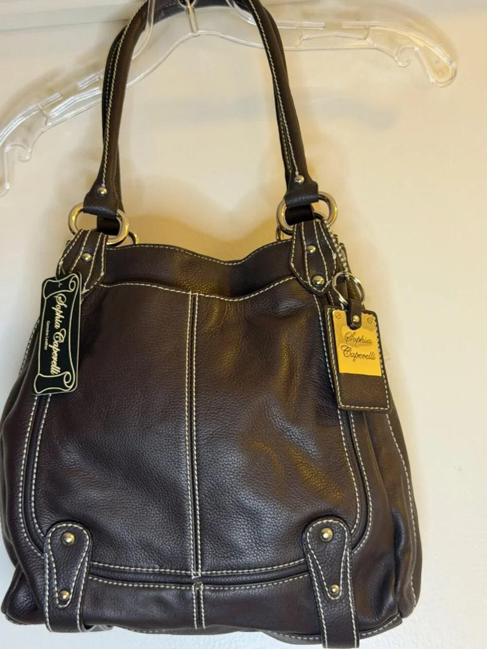 NWT Sophia Caperelli Dark Brown Leather Shoulder Hobo-Bag Double Handles